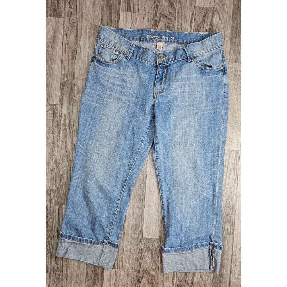 Mossimo Juniors Size 13 Whiskered Embroidered Pockets Cropped Denim Blue Jeans